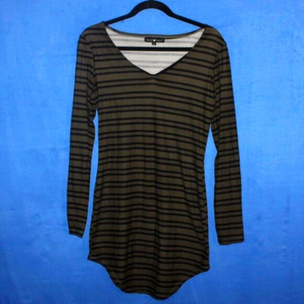 Derek Heart Striped Tunic Top Olive Black Medium